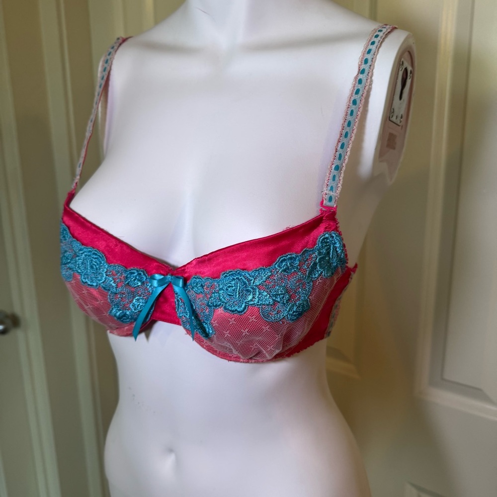 Hot Pink and Teal Lace Balconette Bra with Removable Padding